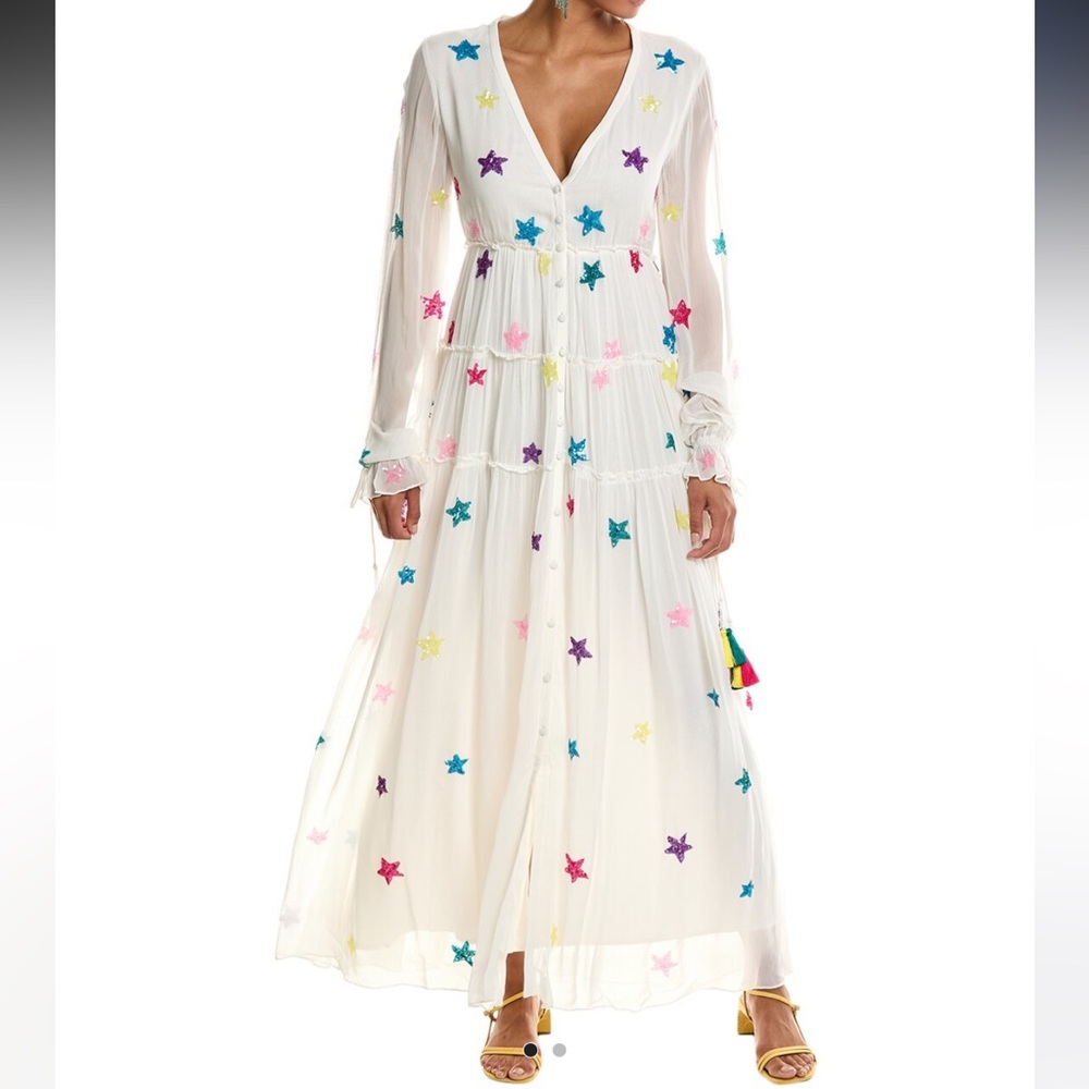 Sandy Stars Boho Embroidered Long Maxi Gown In White Rainbow Stars 5⭐️Rated - Picture 2 of 13